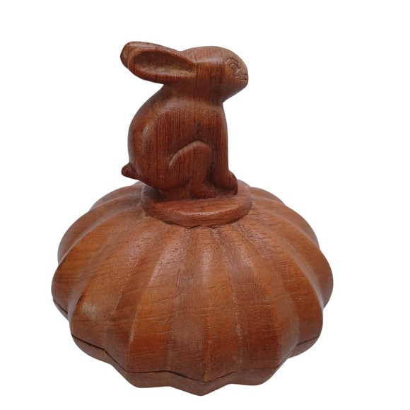 Hand Carved Wooden Rabbit Trinket Box Fluted Pumpkin Shape Folk Art Bunny Decor